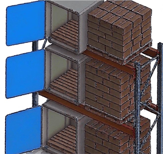 Conceptual 3D render of the Vorienta Chamber installed on a warehouse pallet rack